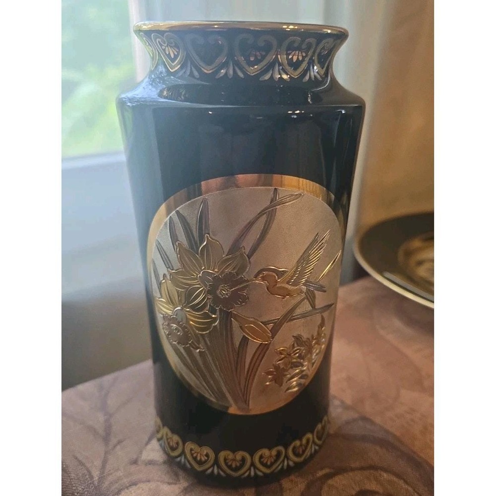 Art | Vintage 6 Chokin Vase Black Gold Humming Bird Flower | Poshmark